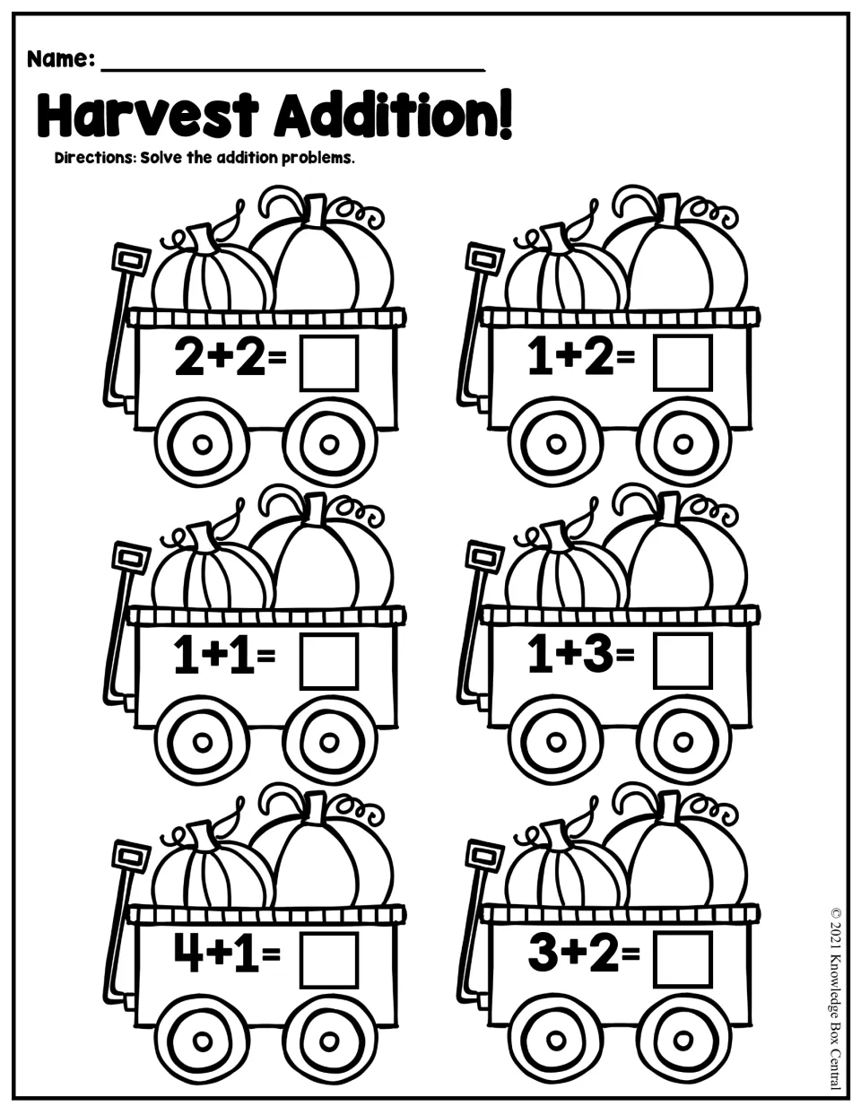 Harvest Addition: students solve six sums on pumpkin wagons, such as 2+2, 1+3 and 3+2, writing each answer