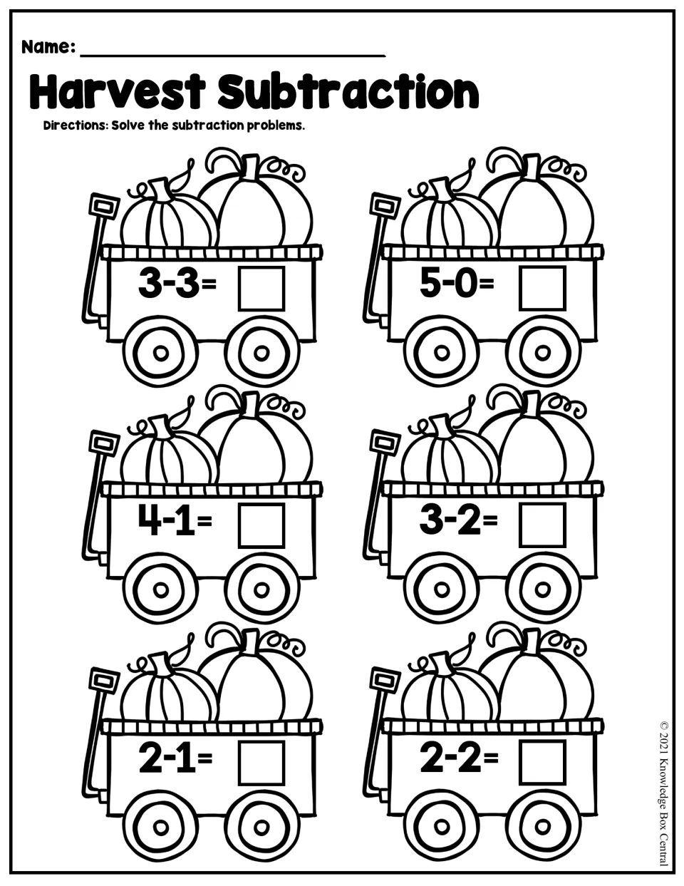 Harvest Subtraction: students solve six facts on pumpkin wagons, including 3-3, 5-0 and 2-2, practising take-away
