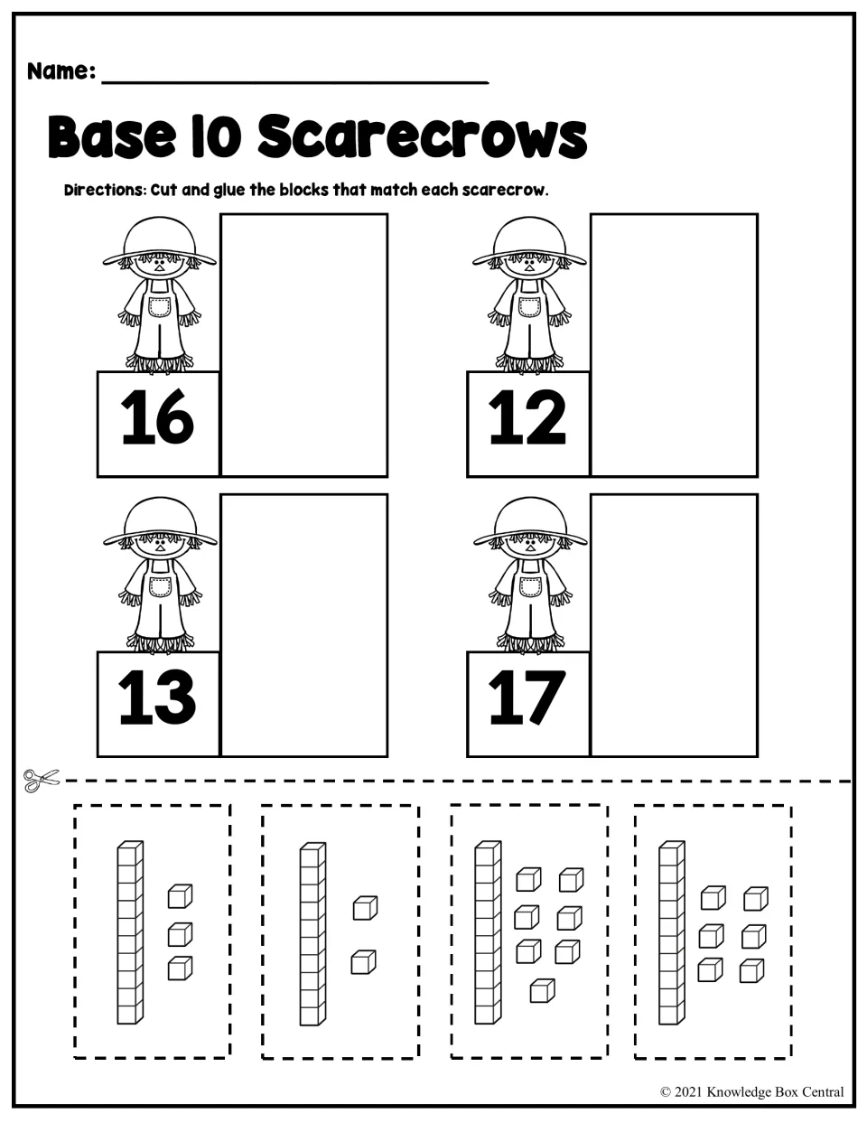 Base 10 Scarecrows: students cut out tens and ones blocks and glue each set beside the scarecrow numbered 16, 12, 13 or 17