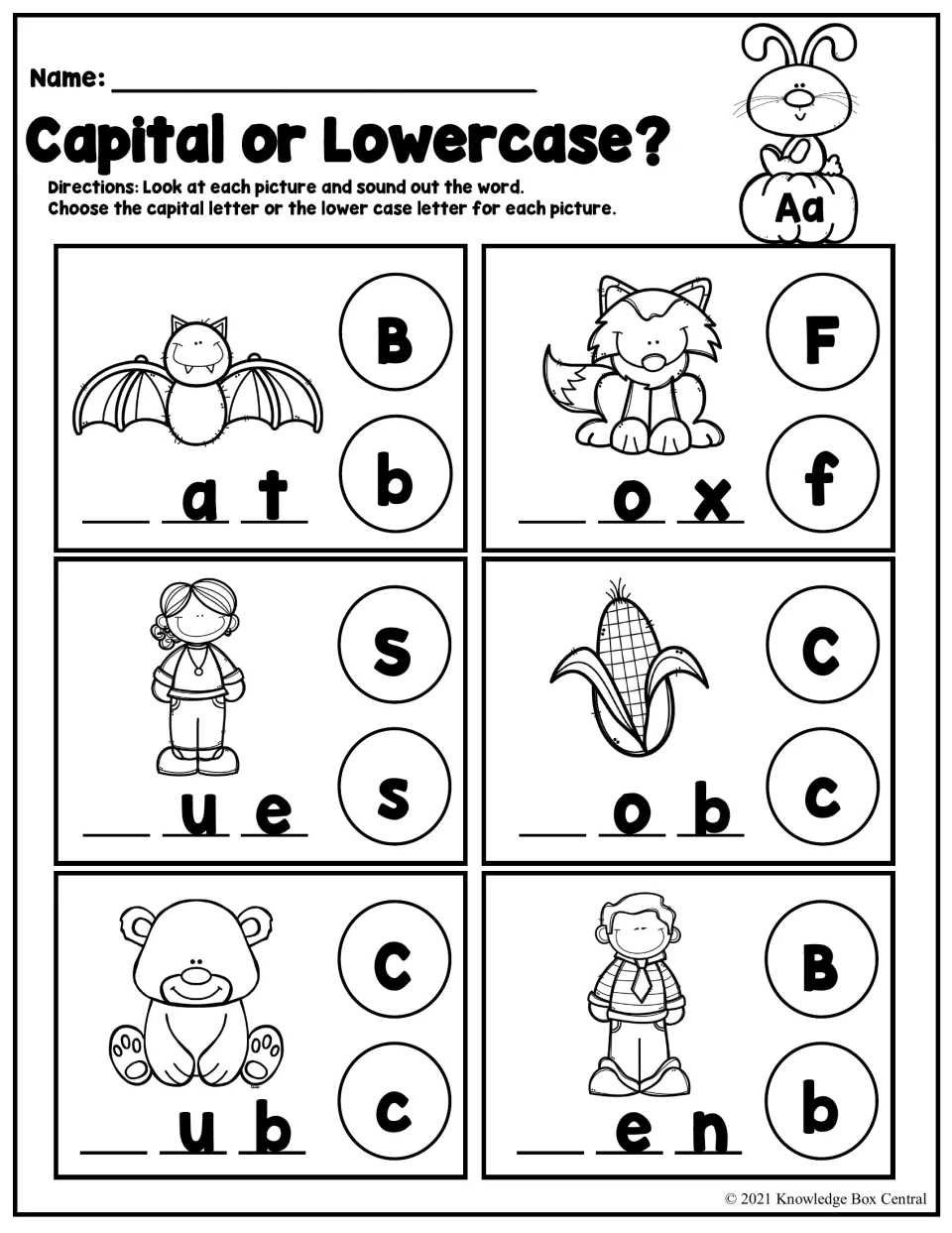 Capital or lowercase practice: choose B/b, F/f, S/s, C/c, C/c, and B/b for bat, fox, Sue, cob, cub, and Ben.