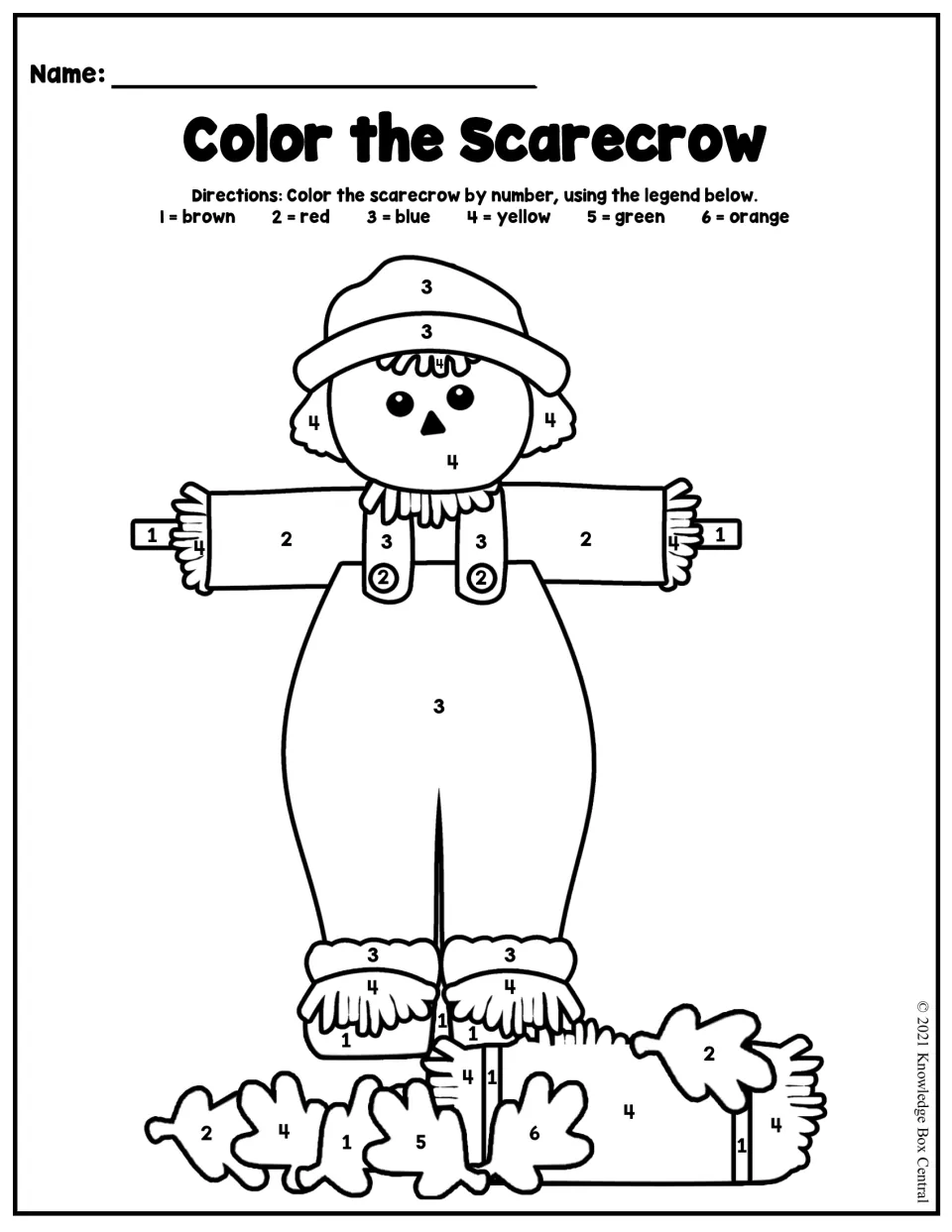 Color the Scarecrow: students match numbers 1 to 6 to a color legend and color a scarecrow and fall leaves by number