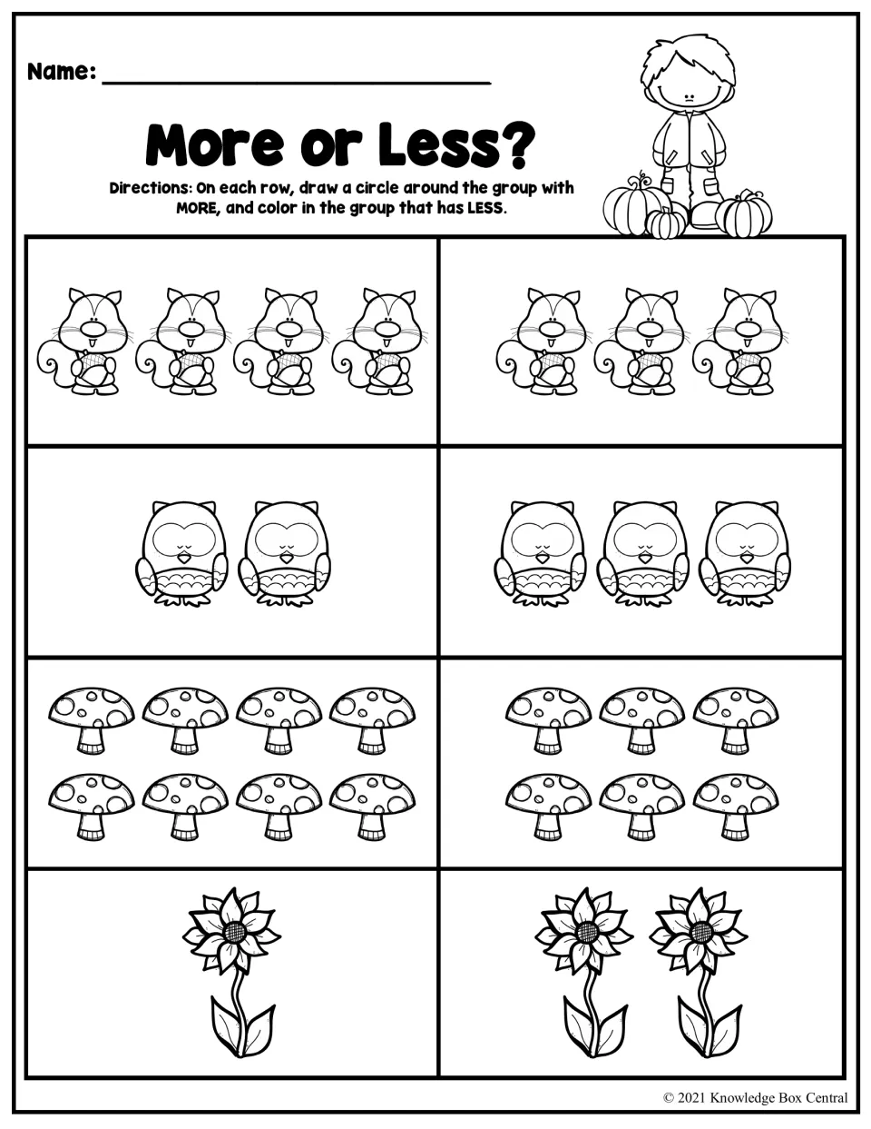 More or Less? Students circle the group with more and color the group with less: squirrels, owls, mushrooms, sunflowers