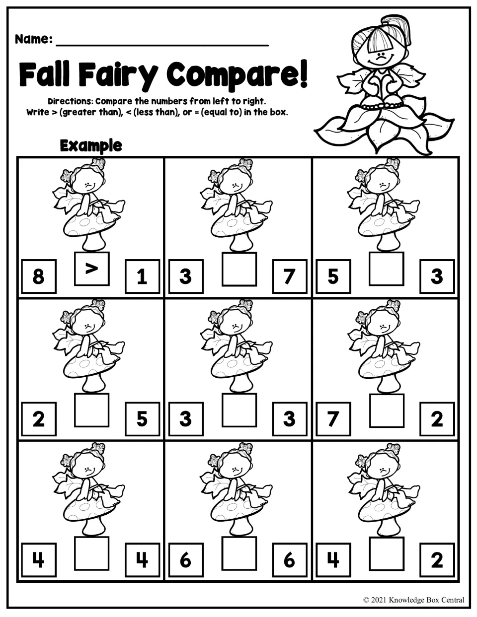 Fall Fairy Compare: students write >, < or = between single-digit number pairs to compare them; example shows 8 > 1