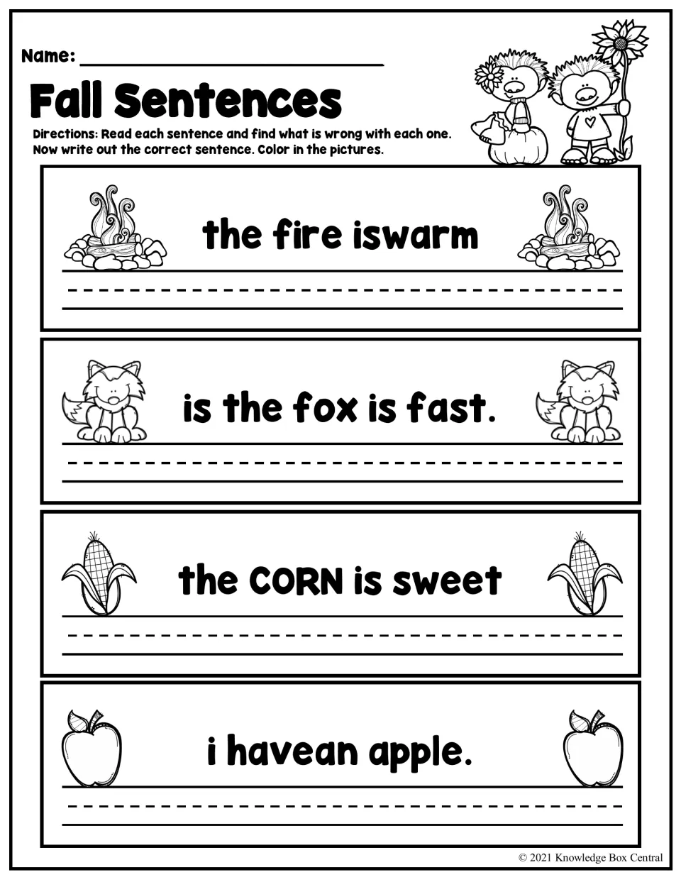 Fall Sentences: students find capital, spacing, punctuation and word errors in 4 fall sentences and rewrite each correctly