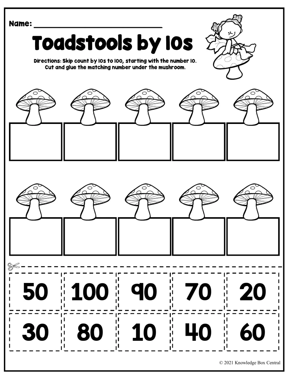 Toadstools by 10s: students skip count by 10s to 100, cutting out number cards 10 to 100 and gluing each under a mushroom