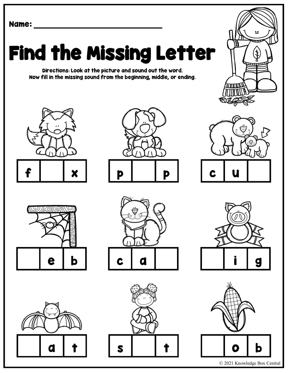 Find the Missing Letter: students sound out 9 pictured CVC words such as fox, pup and cob and write the missing letter