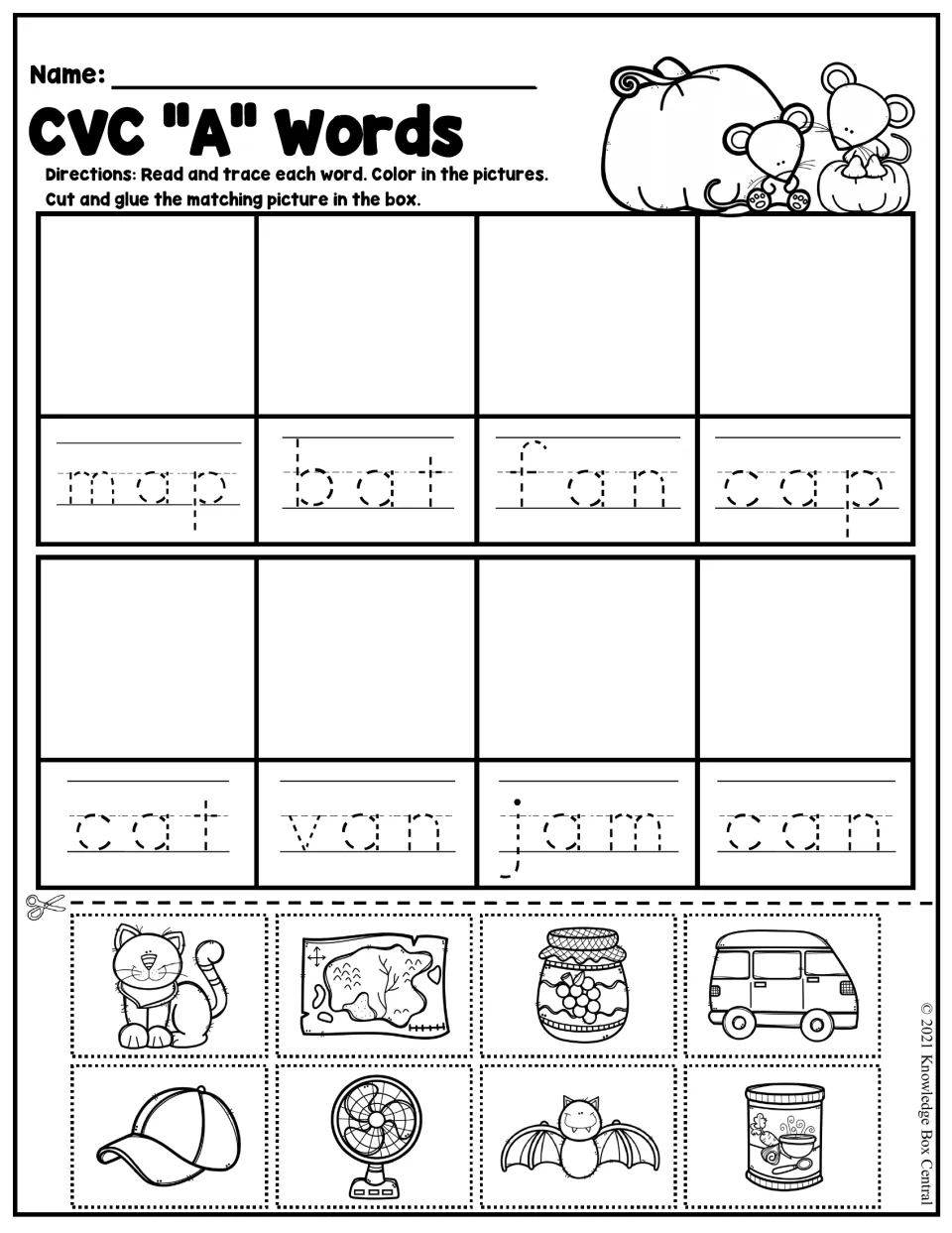 CVC short a words: students trace map, bat, fan, cap, cat, van, jam and can, then cut and glue each matching picture