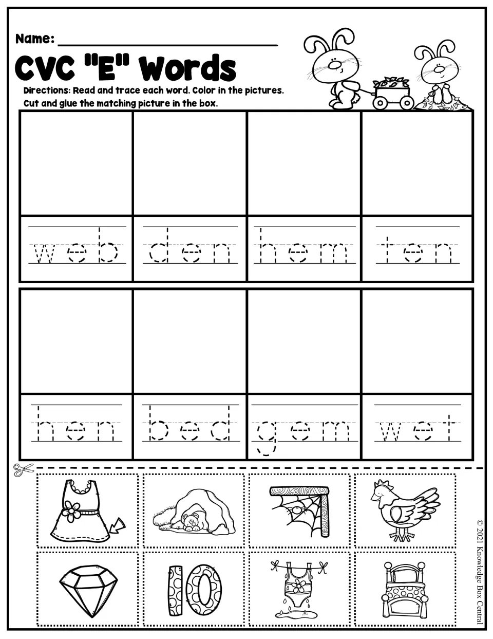 CVC short e words: students trace web, den, hem, ten, hen, bed, gem and wet, then cut and glue the matching pictures