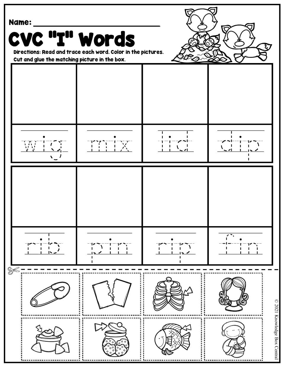 CVC short i words: students trace wig, mix, lid, dip, rib, pin, rip and fin, then cut and glue the matching pictures
