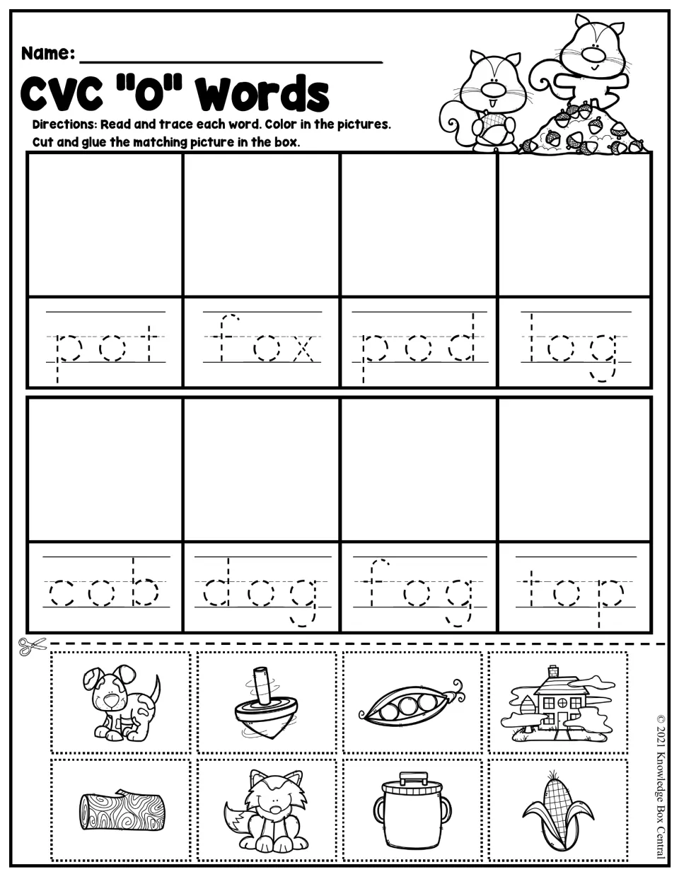CVC short o words: students trace pot, fox, pod, log, cob, dog, fog and top, then cut and glue the matching pictures