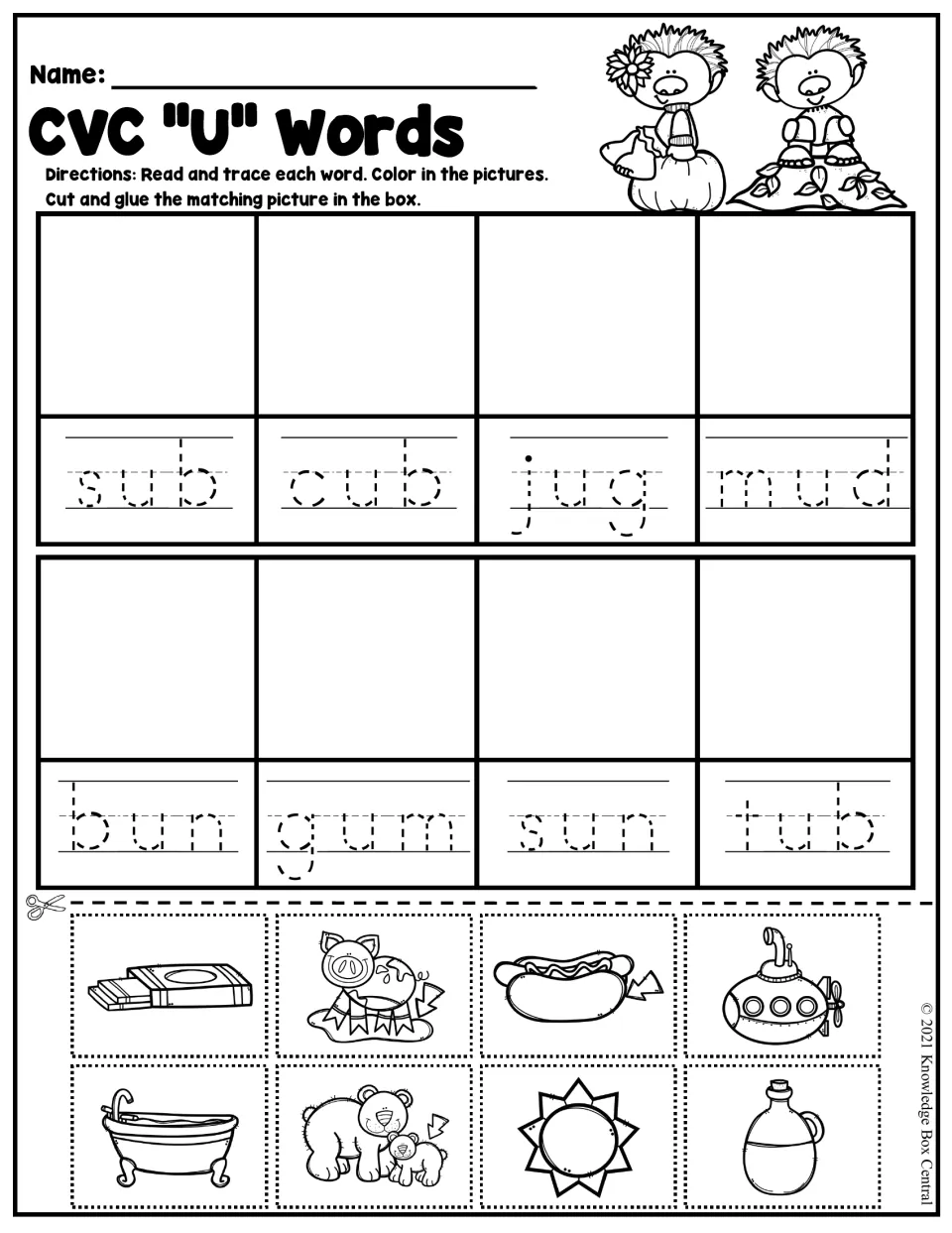 CVC short u words: students trace sub, cub, jug, mud, bun, gum, sun and tub, then cut and glue the matching pictures