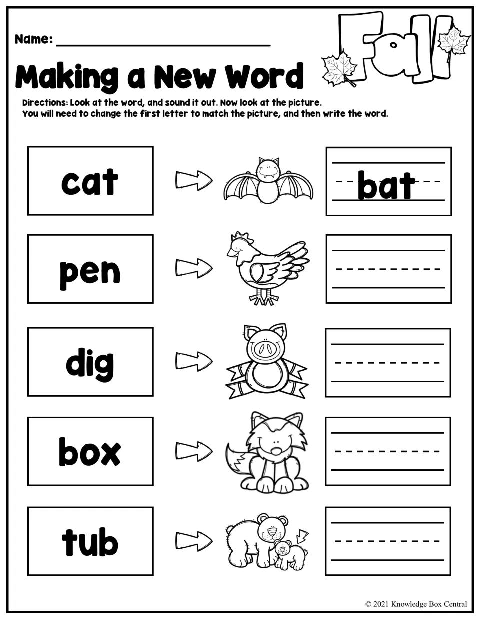 Making a New Word phonics practice: cat to bat example, then pen, dig, box, and tub with matching animal clues