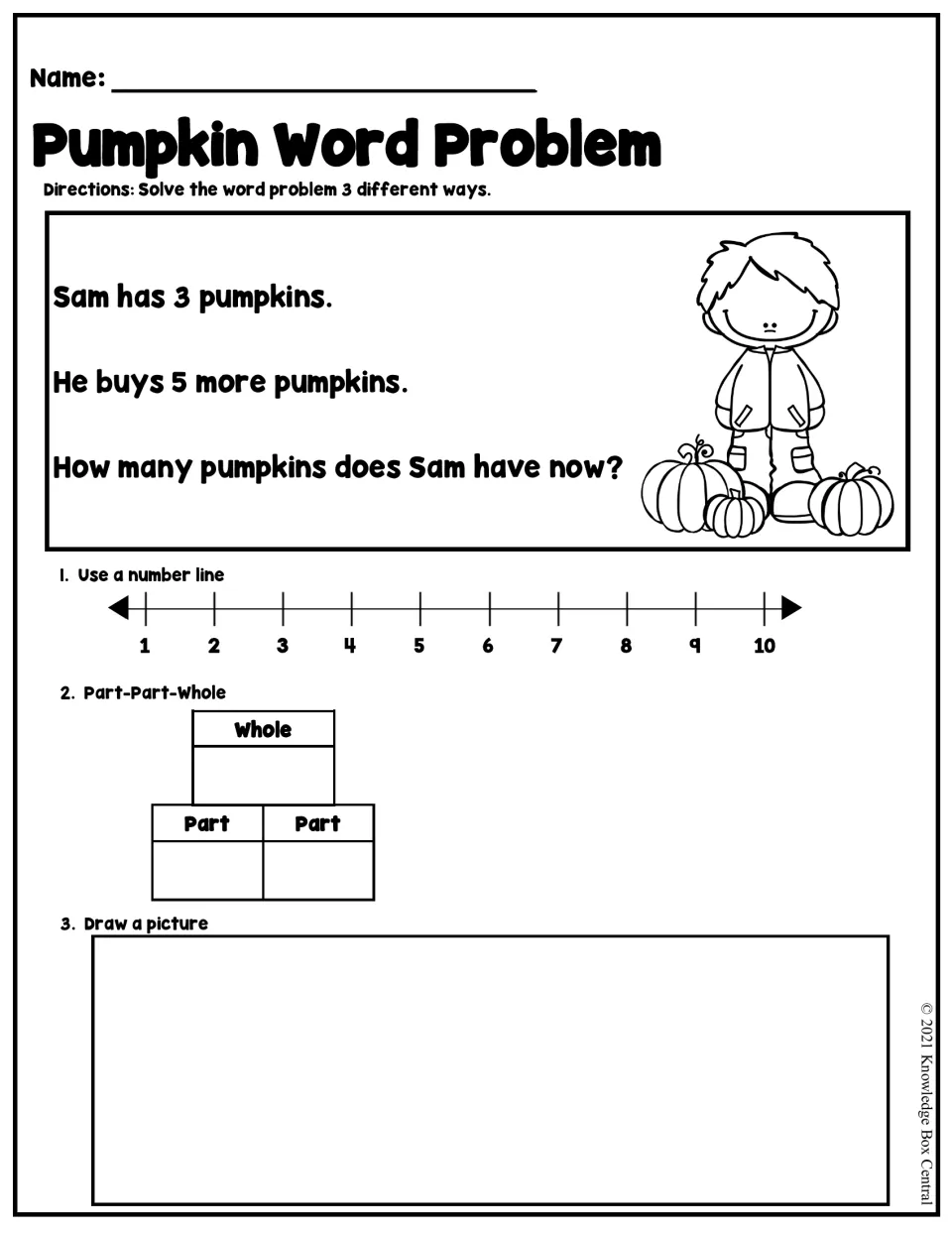 Pumpkin word problem: Sam has 3 pumpkins and buys 5 more; solve using a number line, part-part-whole, and drawing