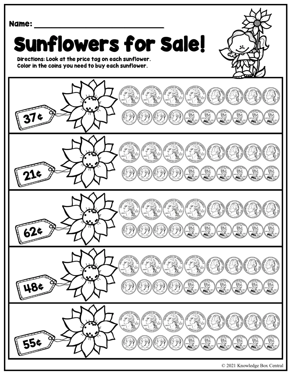 Sunflowers for Sale! money worksheet: color coins to match prices of 37¢, 21¢, 62¢, 48¢, and 55¢.