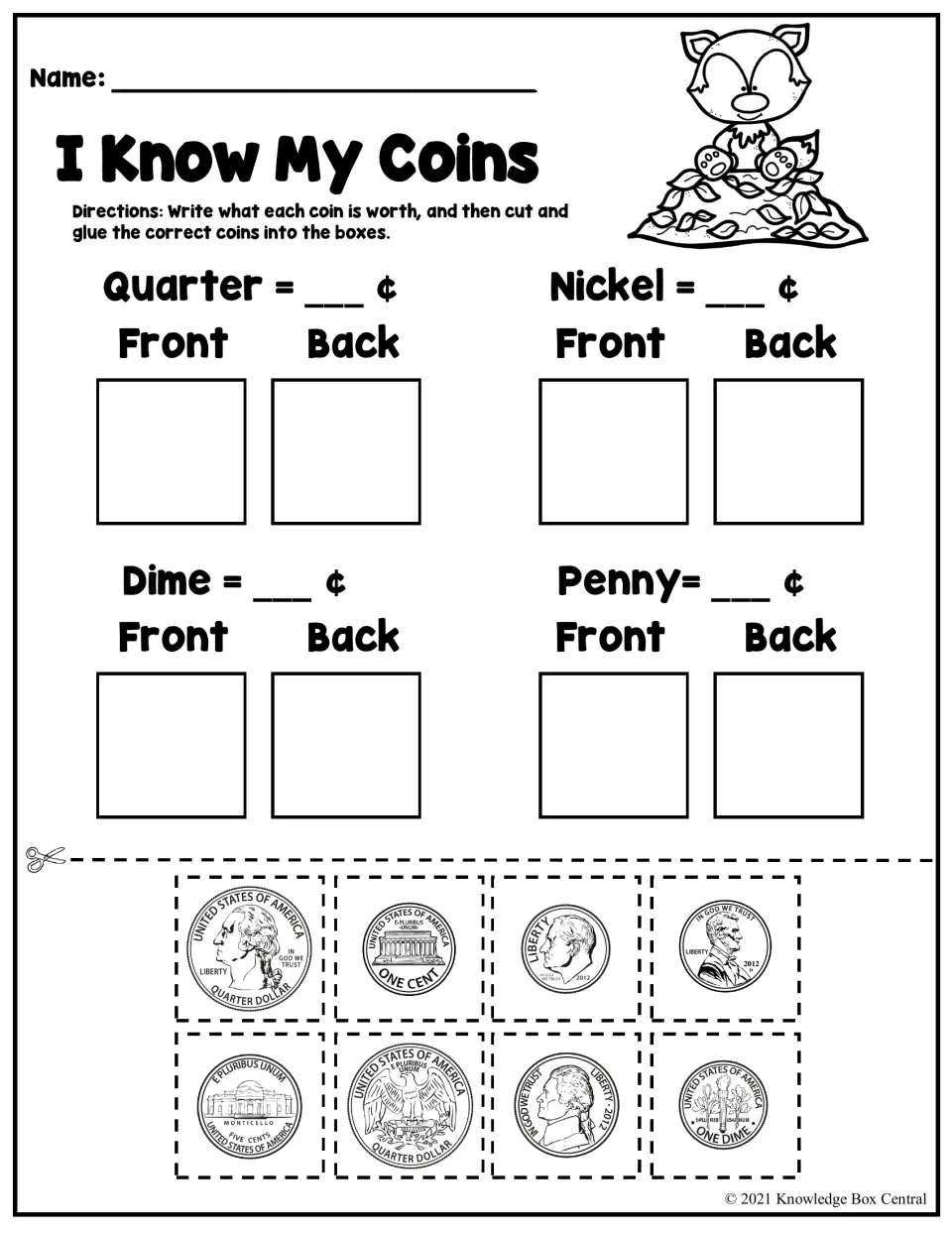 I Know My Coins worksheet: write quarter, nickel, dime, and penny values, then cut and glue coin fronts and backs.