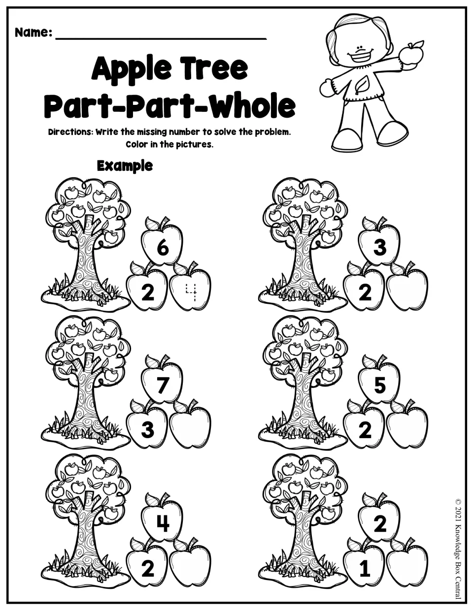 Apple Tree part-part-whole: students write the missing part for wholes 6, 3, 7, 5, 4 and 2, then color the apple trees
