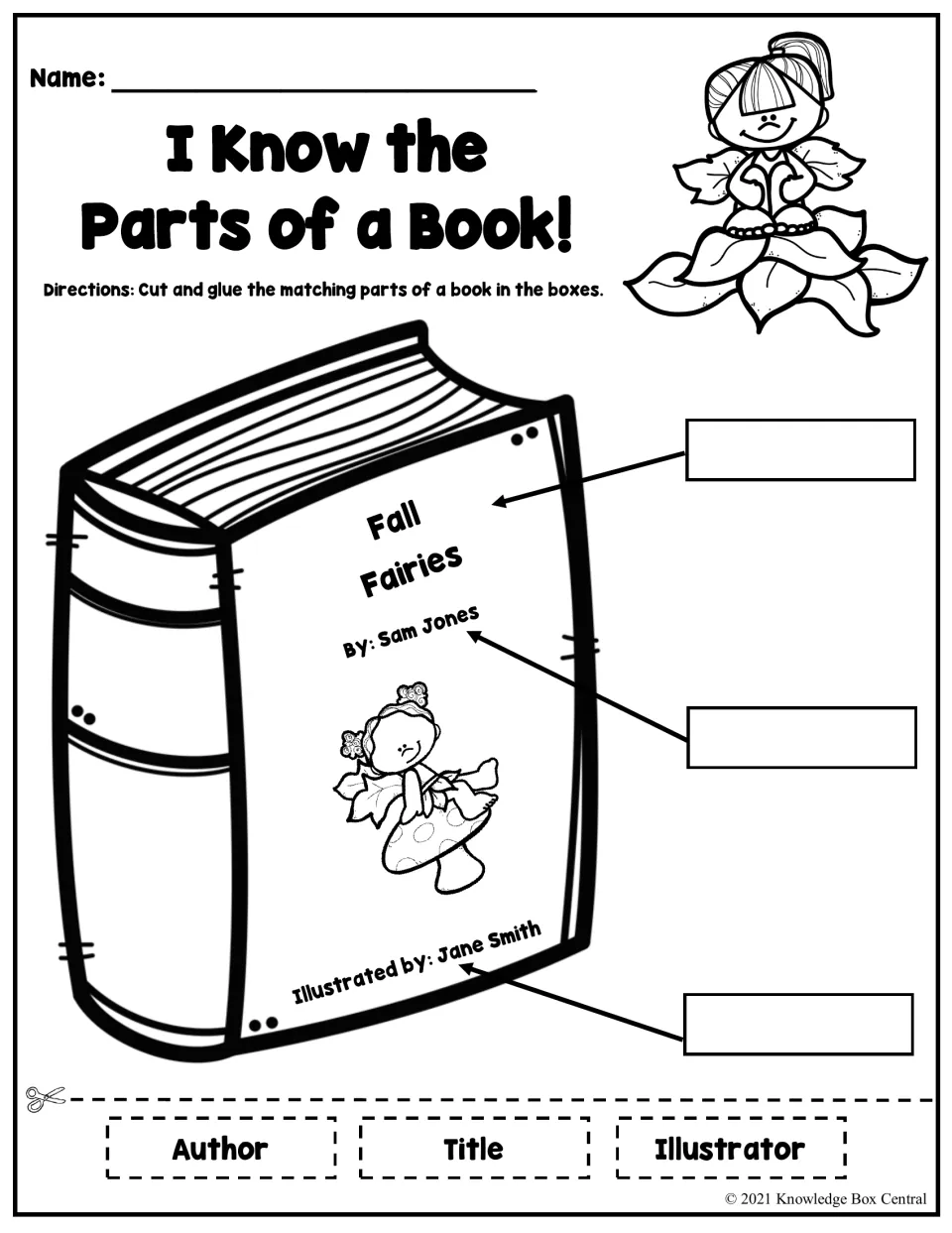 Parts of a book cut-and-glue activity: match title, author, and illustrator to the sample book Fall Fairies