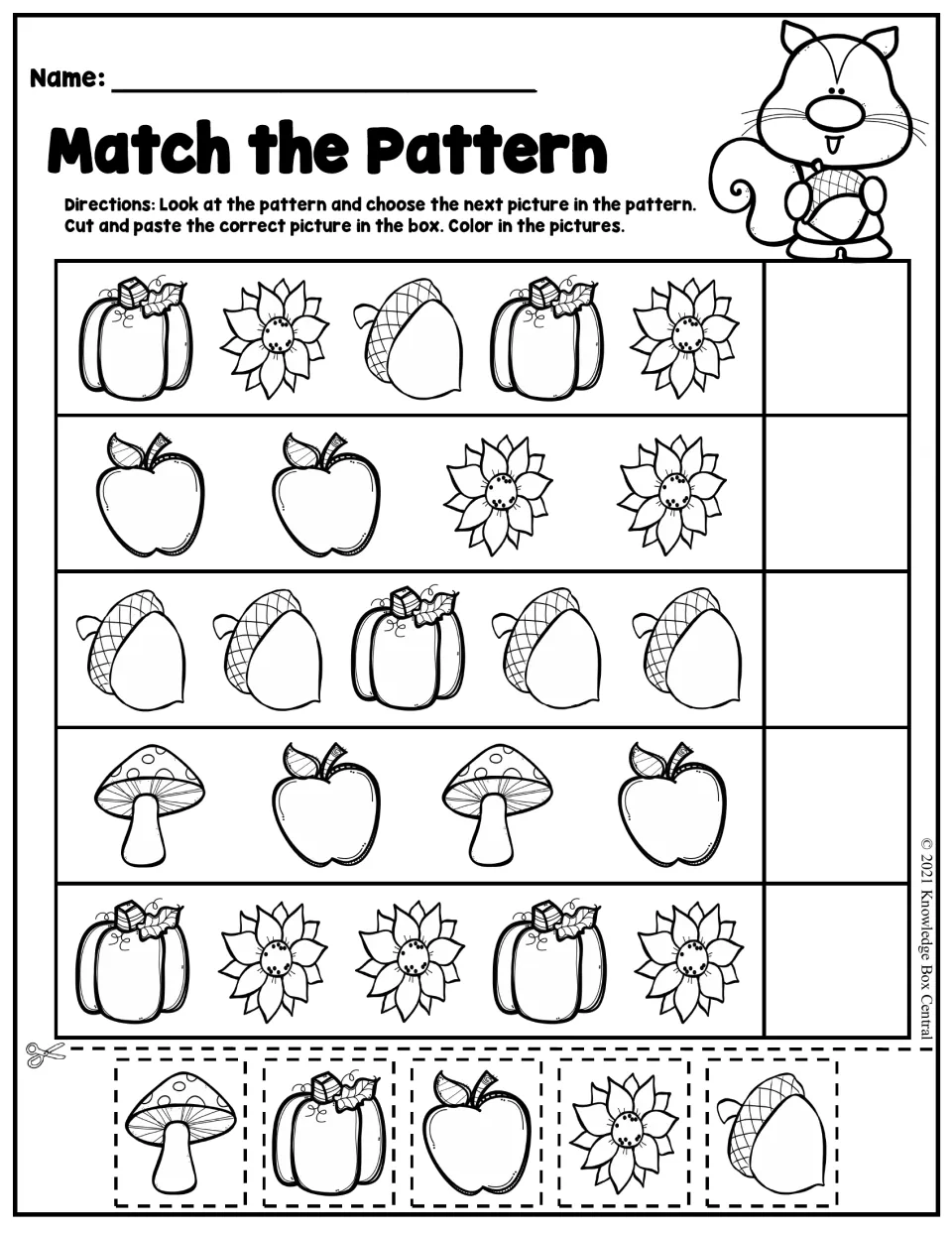 Match the Pattern: students cut out and paste the next fall picture to extend each of 5 picture patterns