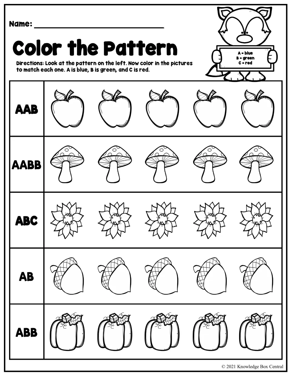 Color the Pattern: students color fall pictures blue, green and red to show AAB, AABB, ABC, AB and ABB letter patterns