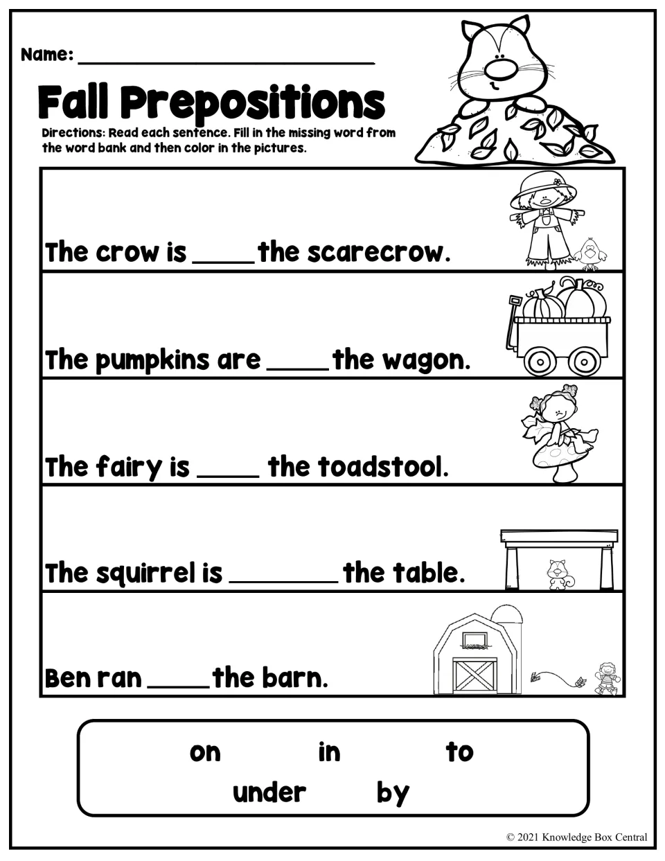 Fall prepositions: students complete 5 picture sentences, like the crow and the scarecrow, using on, in, to, under or by