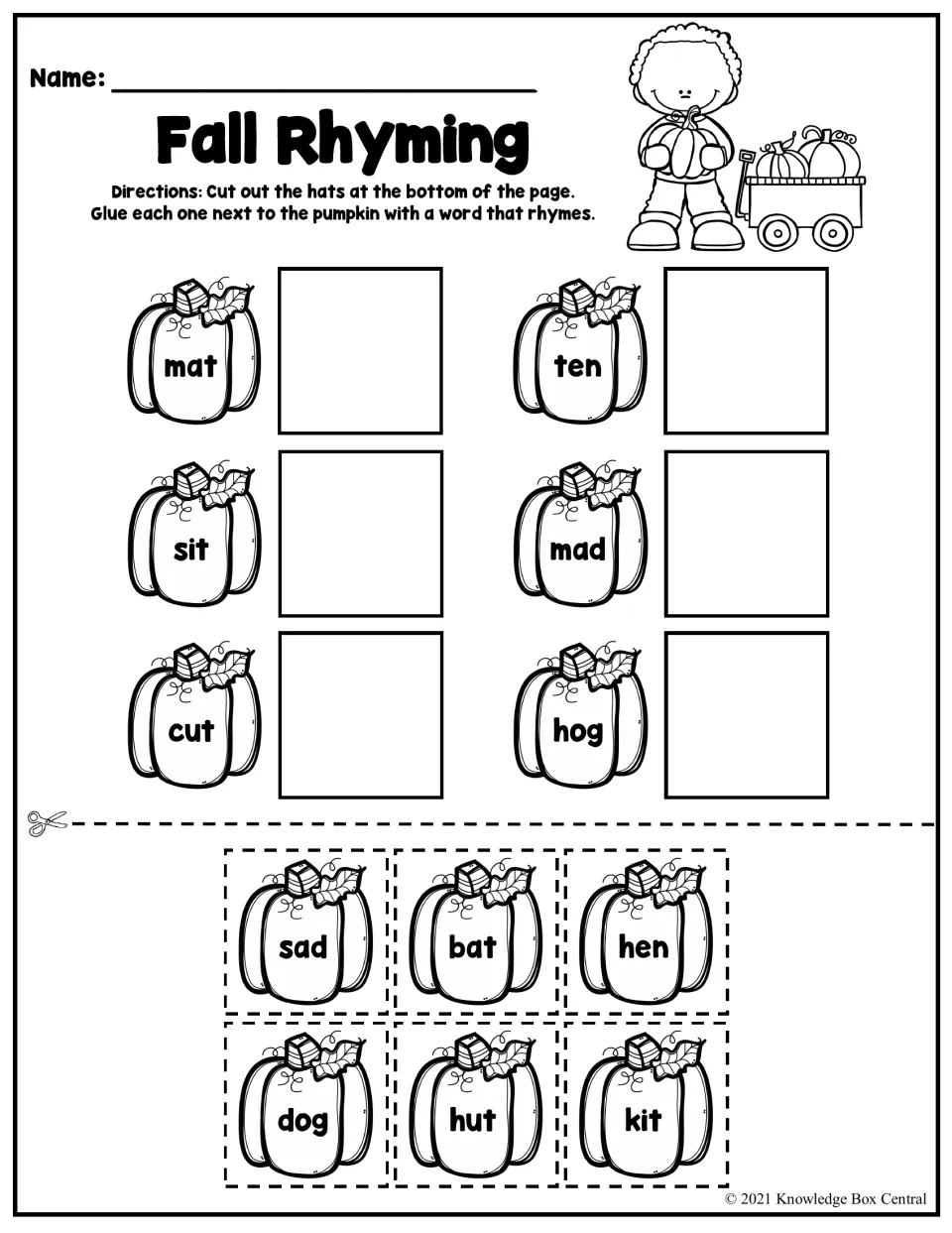Fall Rhyming: students cut out 6 pumpkin word cards like bat and hen and glue each by a rhyming word such as mat or ten