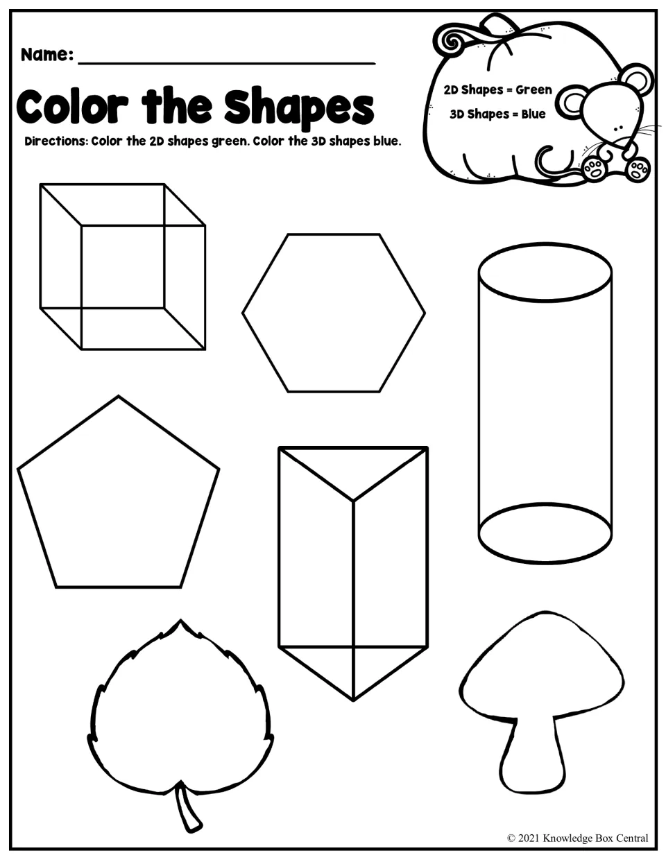 Color the Shapes worksheet: color 2D shapes green and 3D shapes blue, including a cube and cylinder