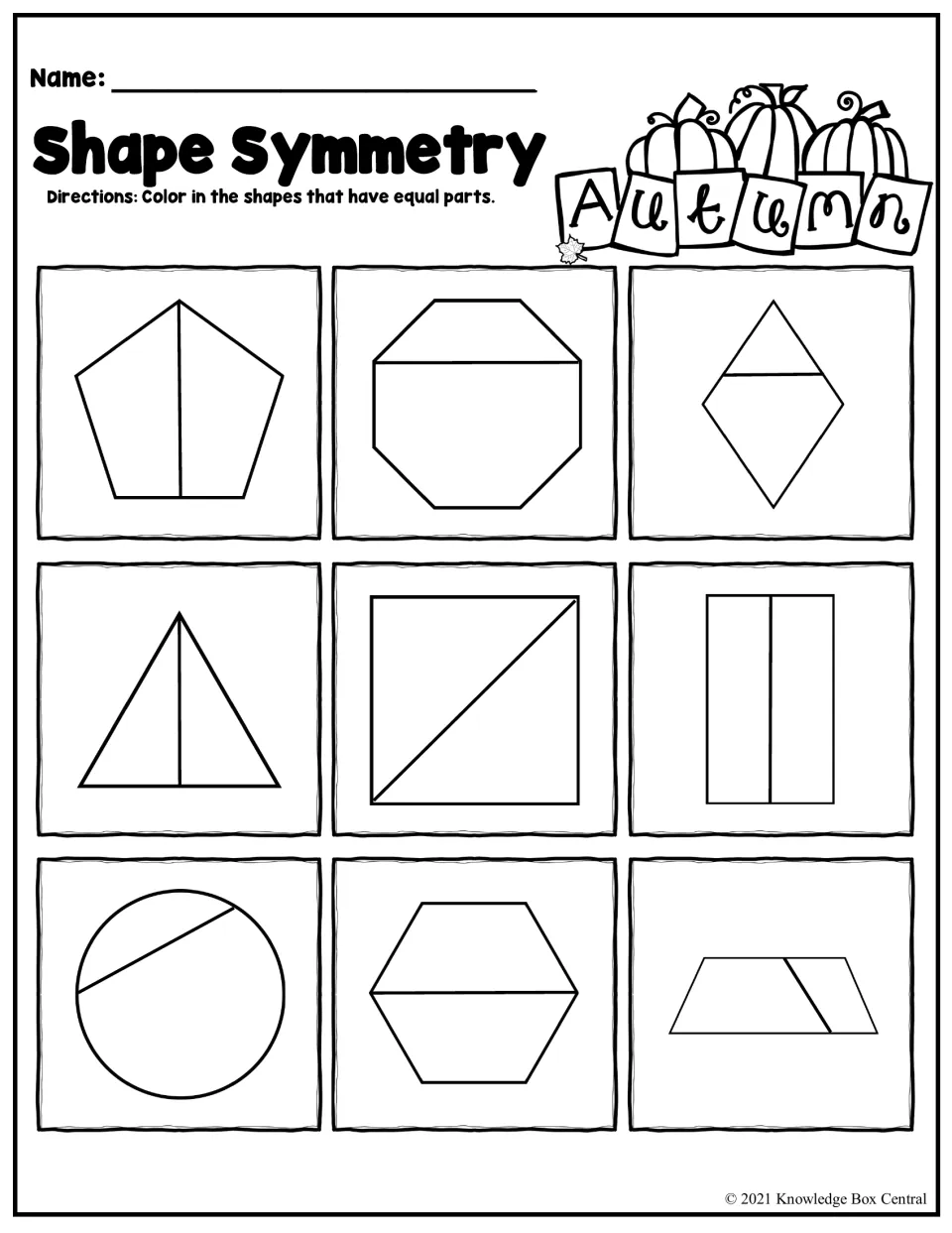 Shape Symmetry worksheet: identify and color shapes divided into equal parts among nine examples
