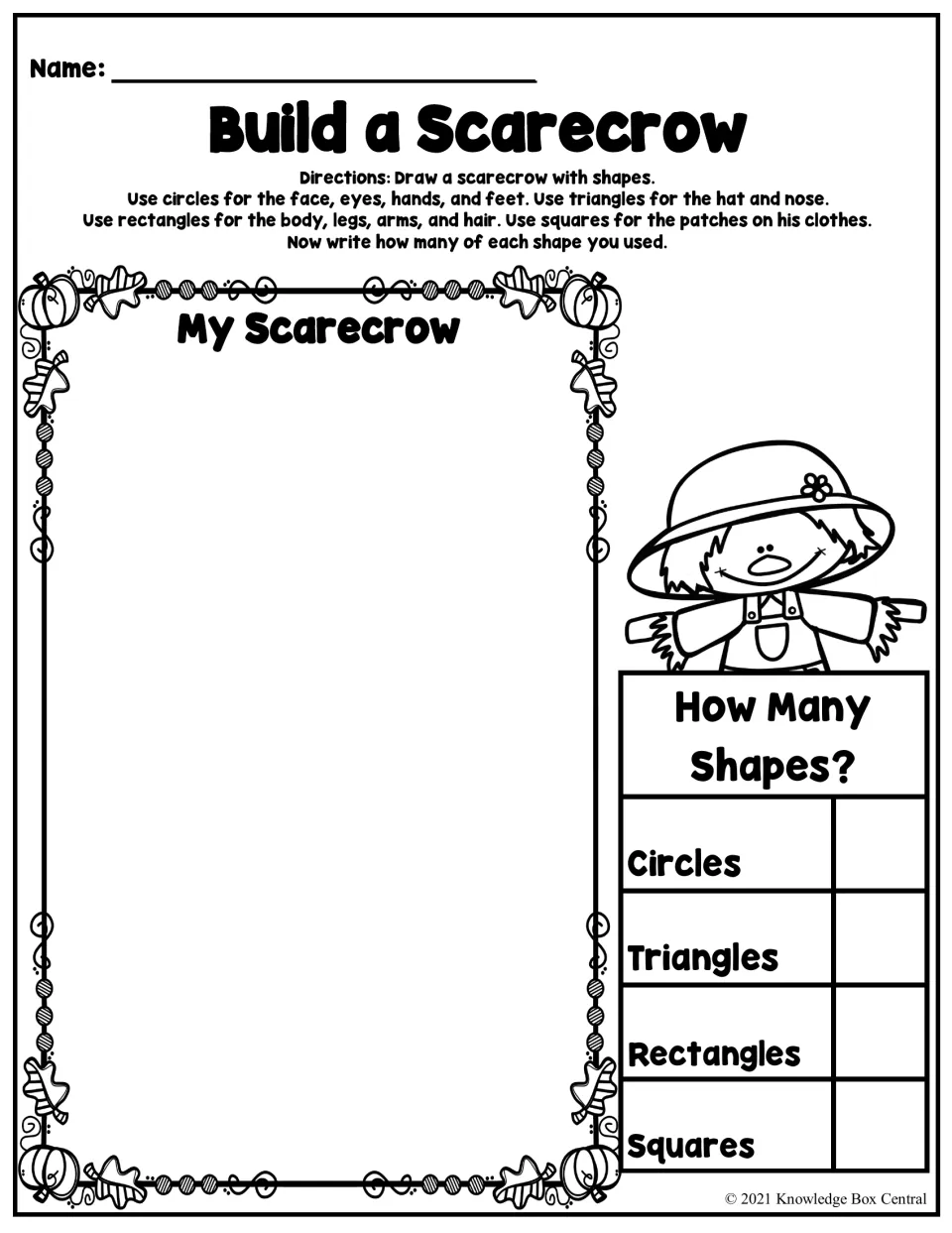 Build a Scarecrow worksheet: draw using circles, triangles, rectangles, and squares, then count each shape