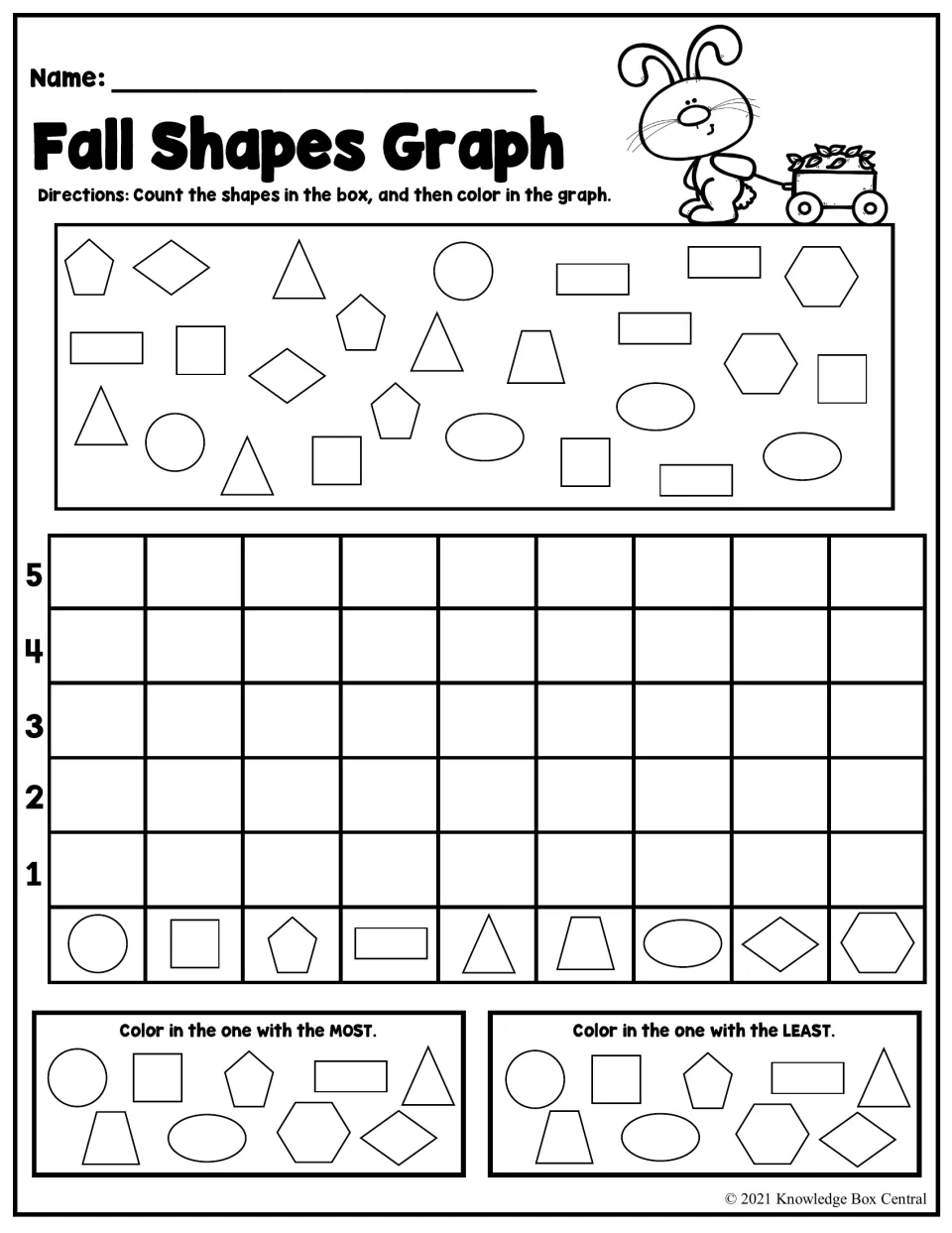 Fall Shapes Graph worksheet: count nine types of shapes, color the graph, and identify the most and least