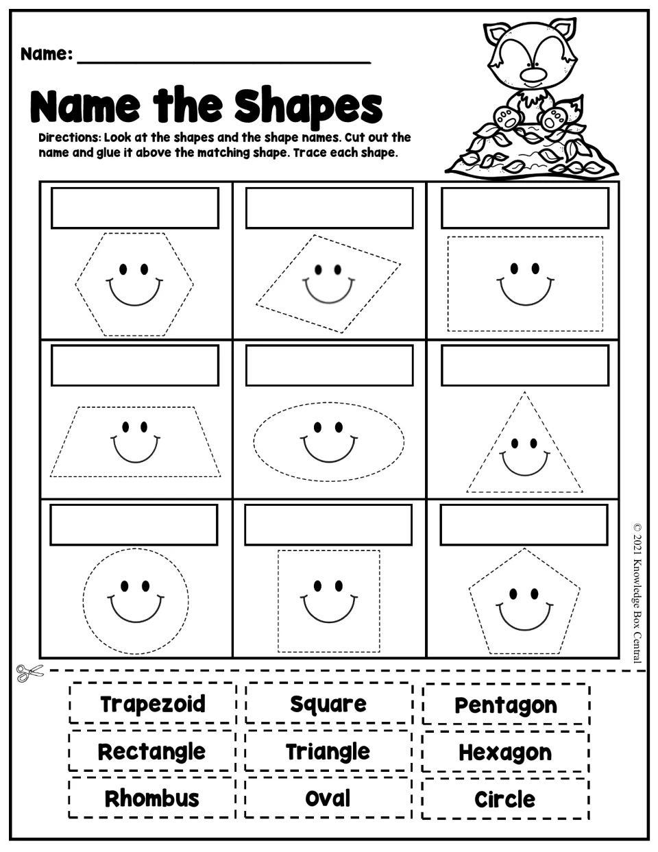Name the Shapes worksheet: cut and glue nine shape names above matching shapes, then trace each shape