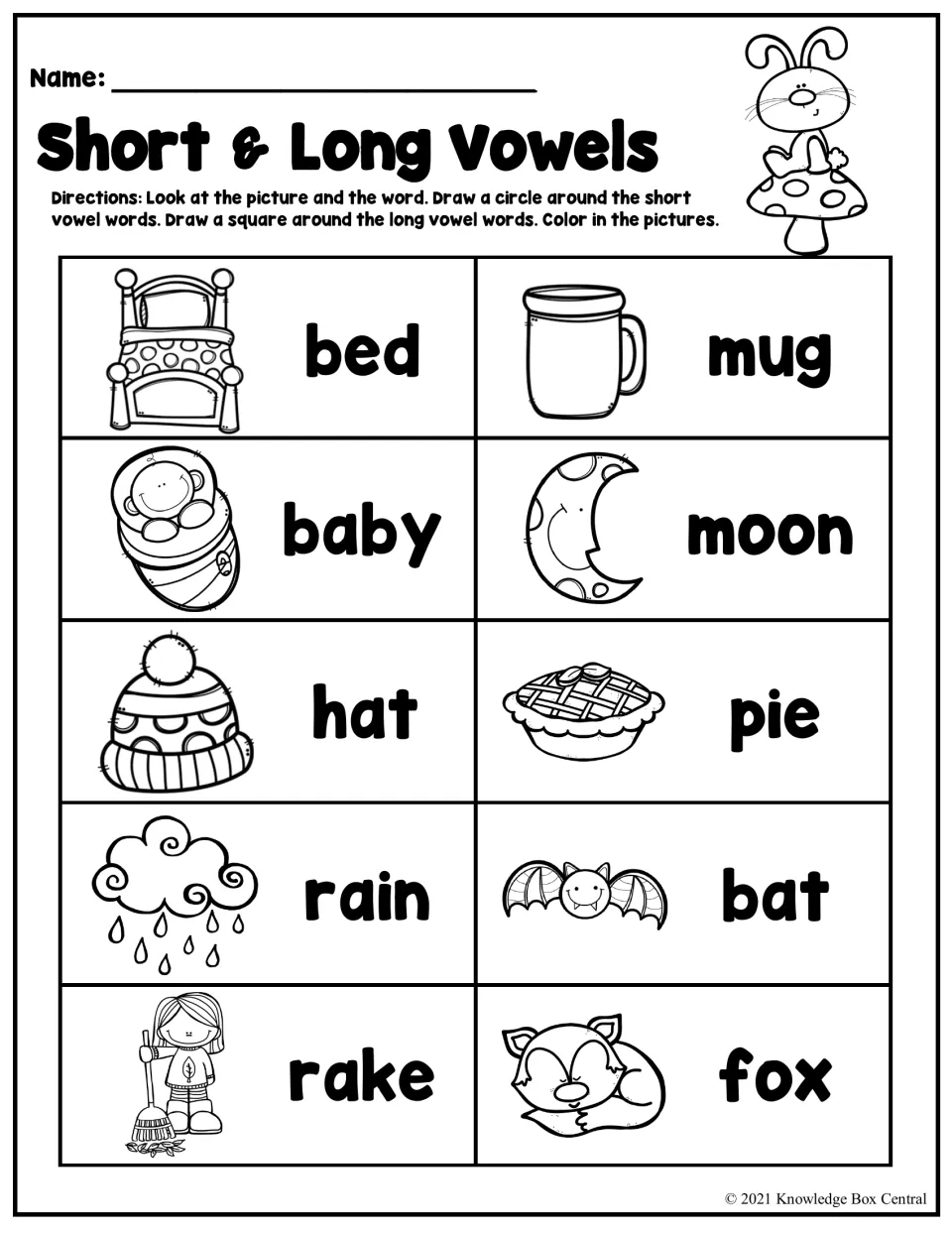 Short and long vowels: students circle short vowel words and box long vowel words like bed, moon, pie and fox, then color