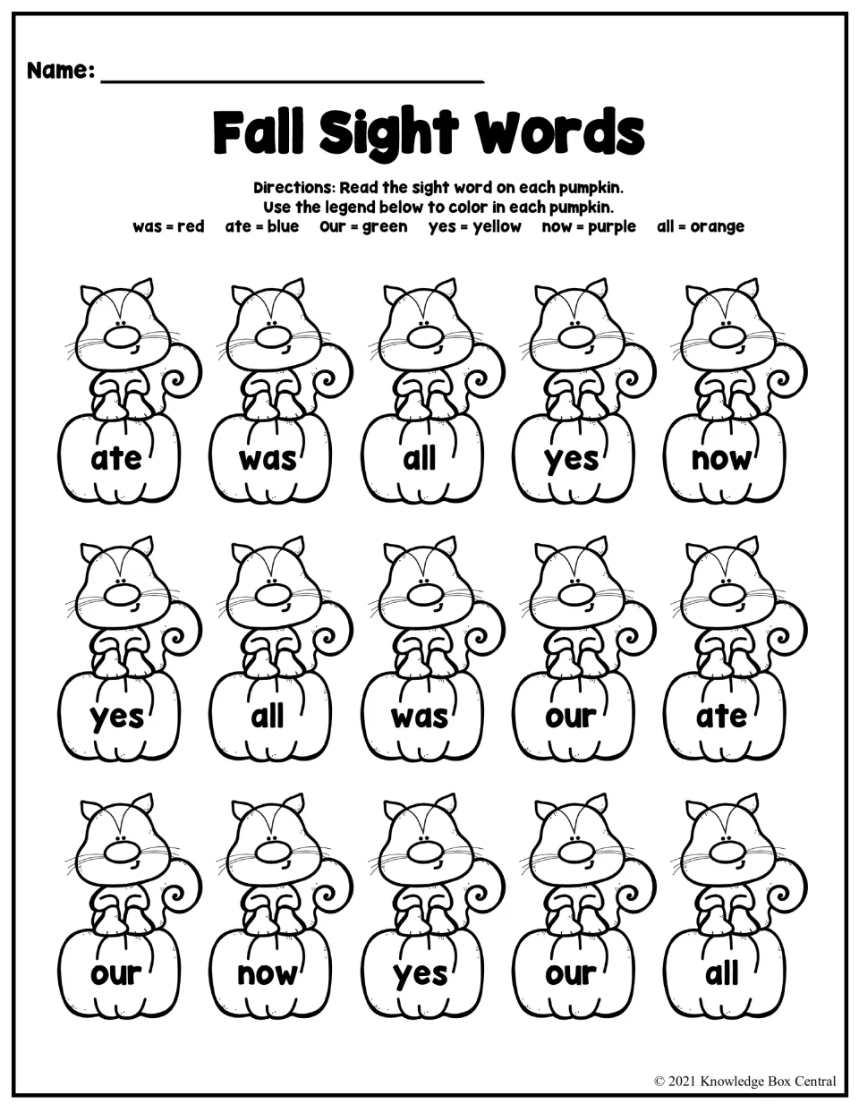 Fall sight words color-by-word: students read was, ate, our, yes, now or all on 15 pumpkins and color each by the legend