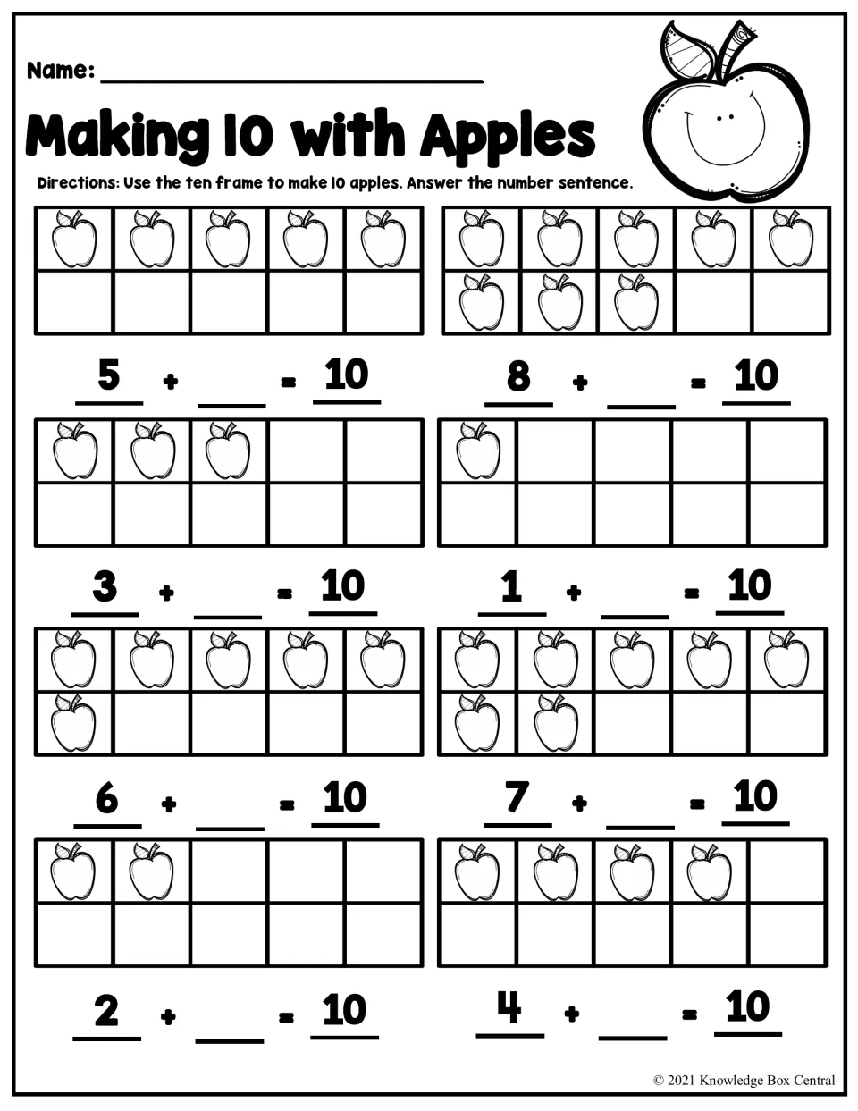 Making 10 with Apples: students fill each apple ten frame to 10 and complete sums such as 5 + _ = 10 to find number partners