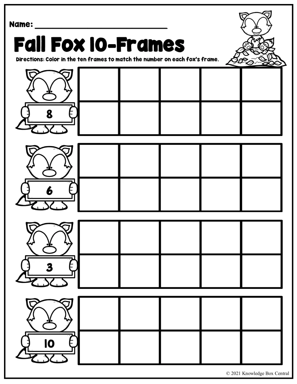 Fall Fox 10-Frames: students color a ten frame to match the number 8, 6, 3 or 10 on each fox's sign to show counting to ten