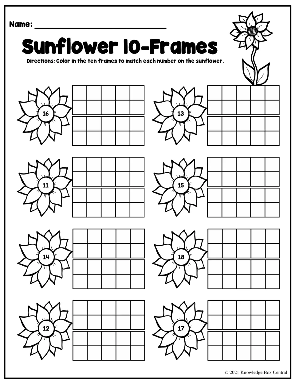 Sunflower 10-Frames: students color two ten frames to show each teen number from 11 to 18 written on a sunflower