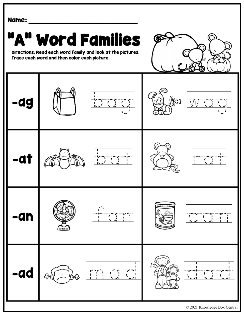 Short a word families: students trace -ag, -at, -an and -ad words such as bag, bat, fan and dad, then color each picture