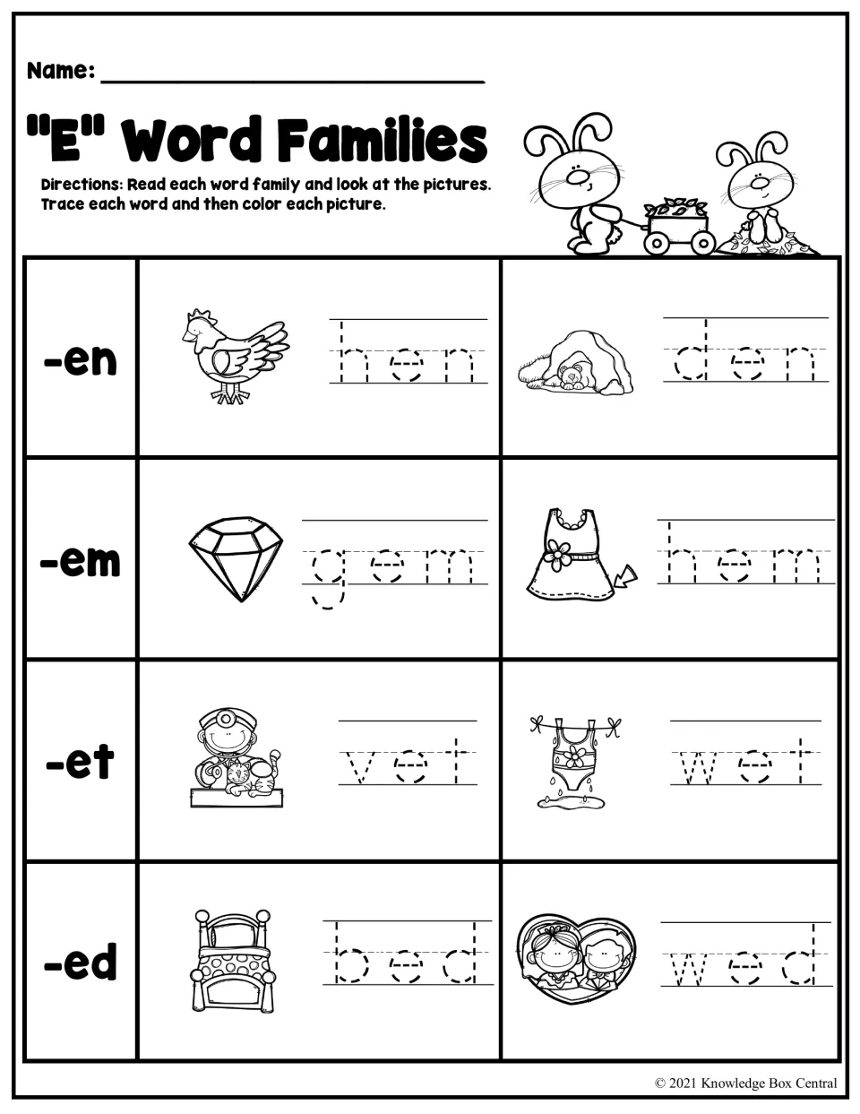 Short e word families: students trace -en, -em, -et and -ed words like hen, gem, vet and bed, then color the pictures