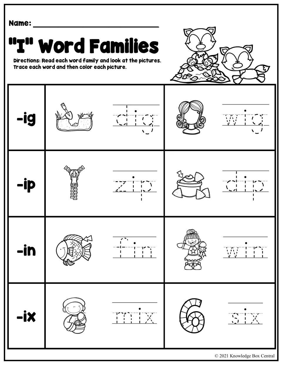 Short i word families: students trace -ig, -ip, -in and -ix words including dig, zip, fin and six, then color each picture