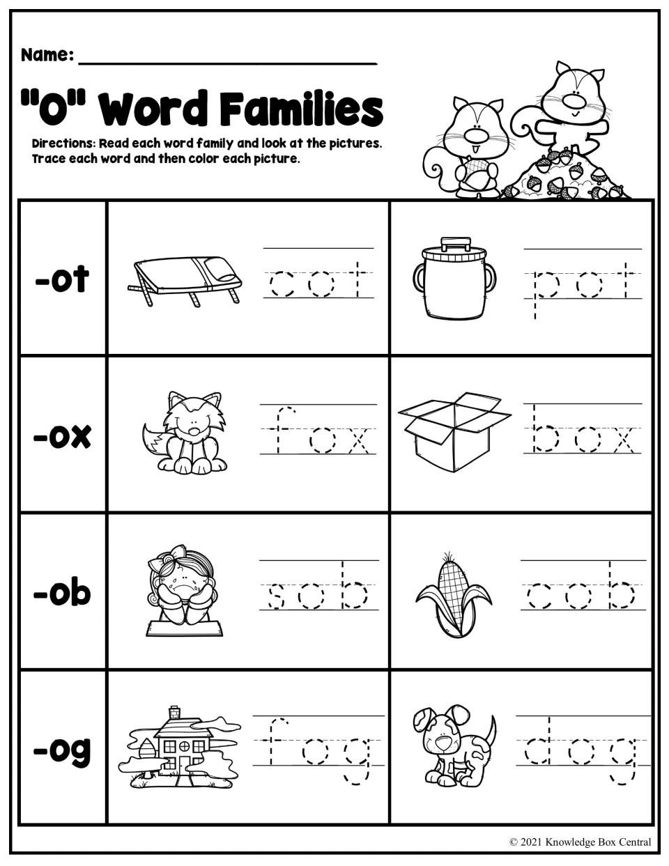 Short o word families: students trace -ot, -ox, -ob and -og words such as pot, fox, cob and dog, then color the pictures