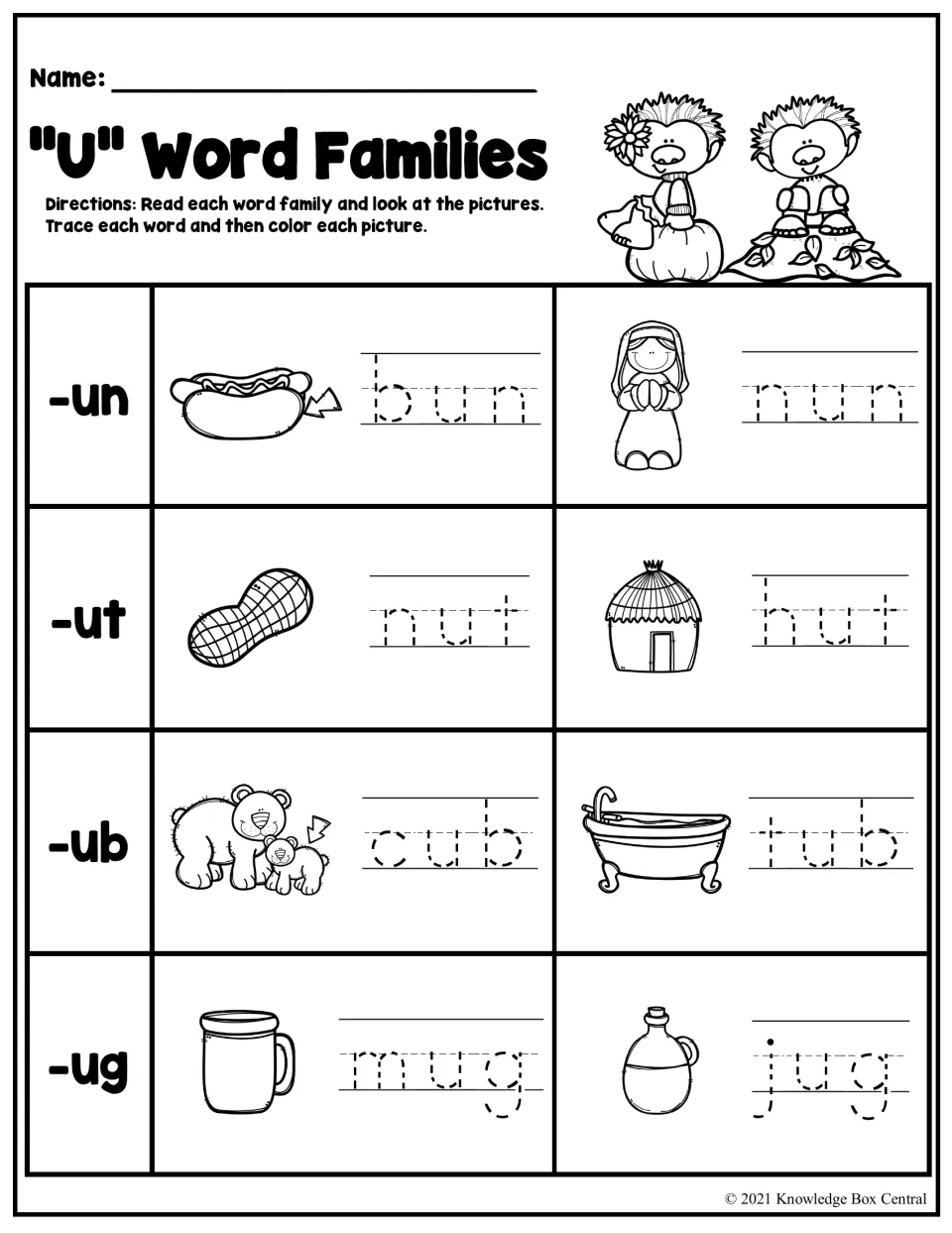 Short u word families: students trace -un, -ut, -ub and -ug words like bun, nut, tub and mug, then color each picture