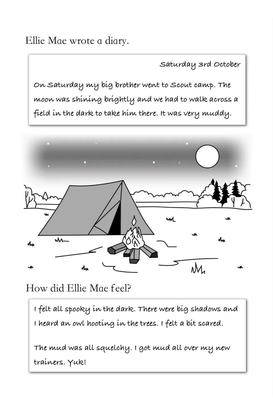 Scout camp diary entry: Ellie Mae walks across a dark, muddy field at night and feels spooky and scared
