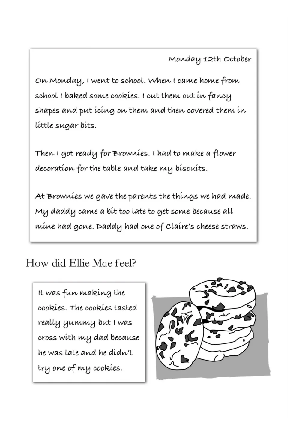 Baking diary entry: Ellie Mae makes cookies for Brownies, finds it fun but feels cross her dad came too late