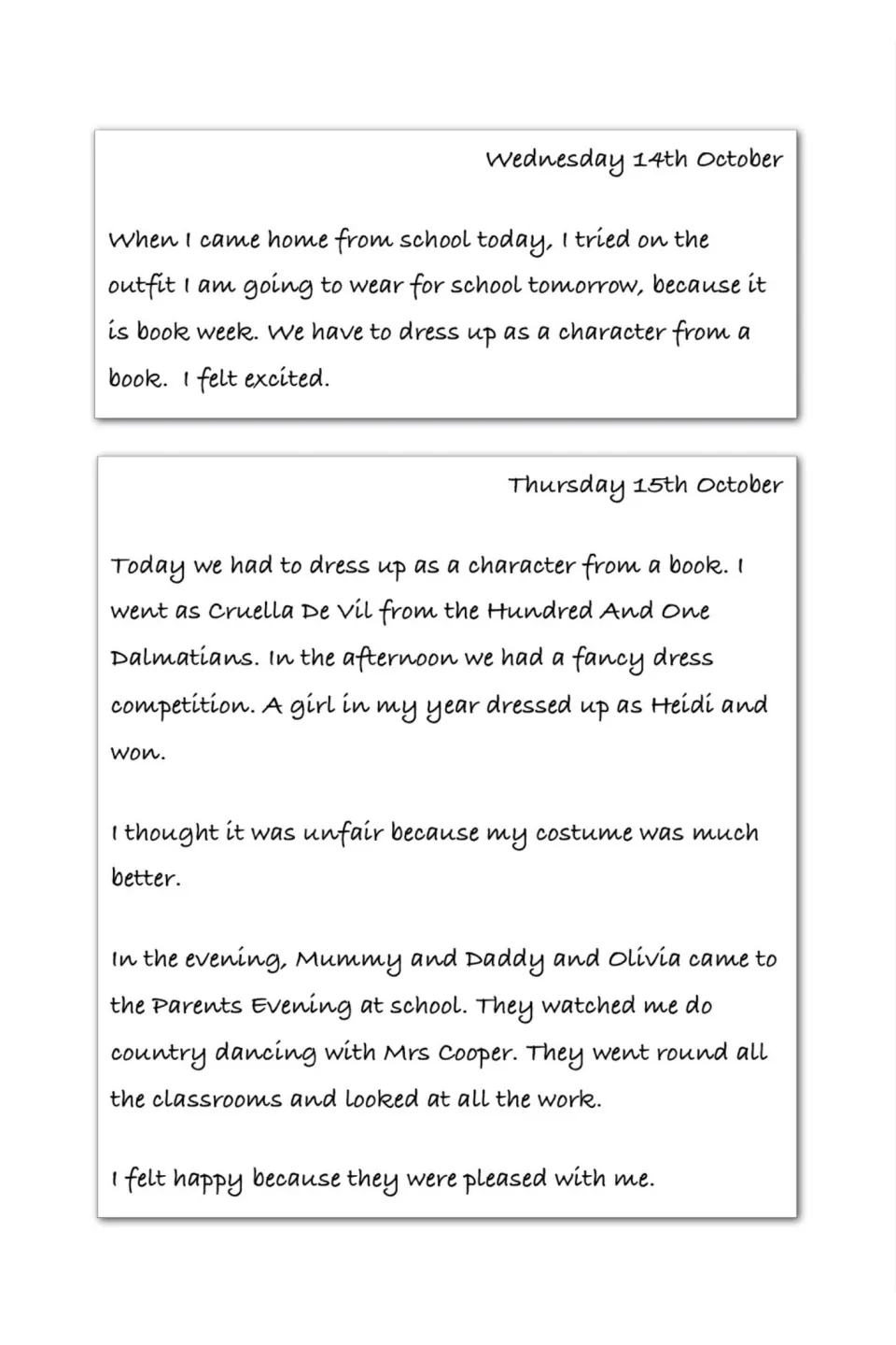 Two model diary entries on book week: dressing as Cruella De Vil, losing a costume contest and Parents Evening dancing