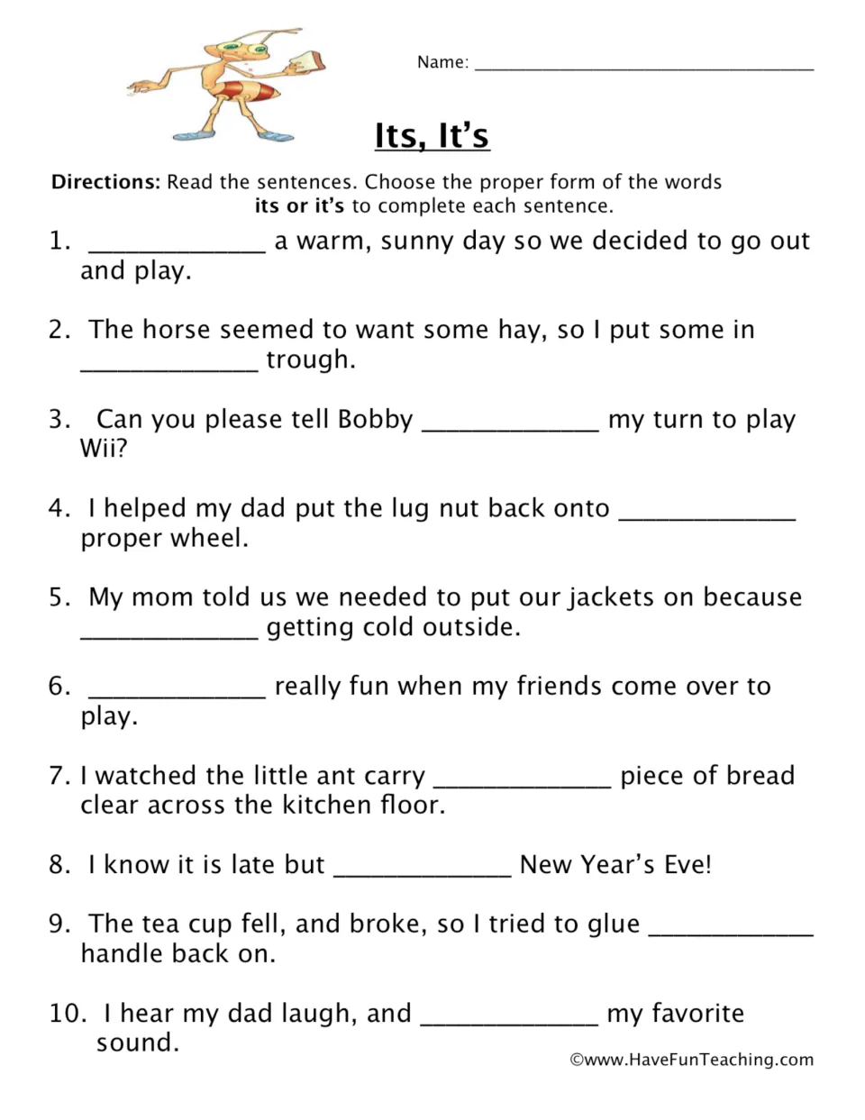 Its and it’s practice: 10 sentences about a sunny day, a horse’s trough, a turn to play Wii, and more.