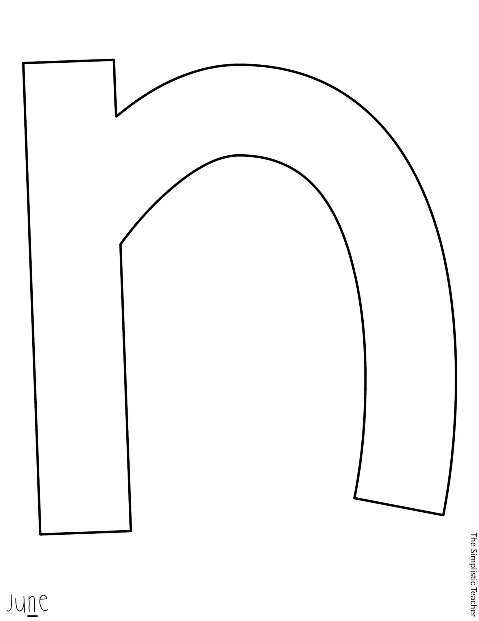 Outline lowercase n cutout for “June,” the month named in the “It's June school is out soon!” classroom display.