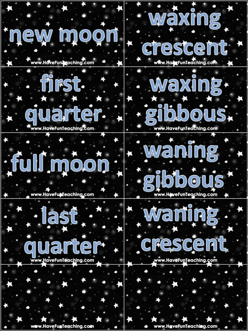 Moon phase word cards: students cut out eight labels from new moon to waning crescent plus two blank cards to match
