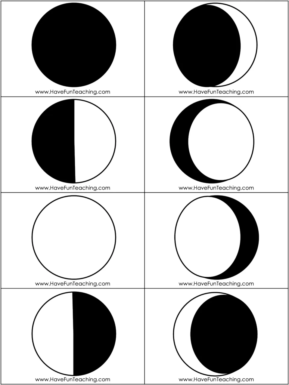 Moon phase picture cards: eight shaded moon drawings, new to waning crescent, for students to sequence and match to labels