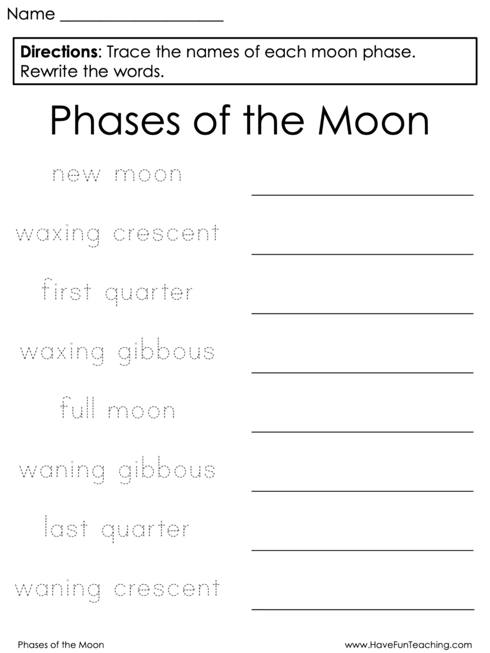 Phases of the Moon handwriting: students trace each of the eight moon phase names in dotted letters, then rewrite them