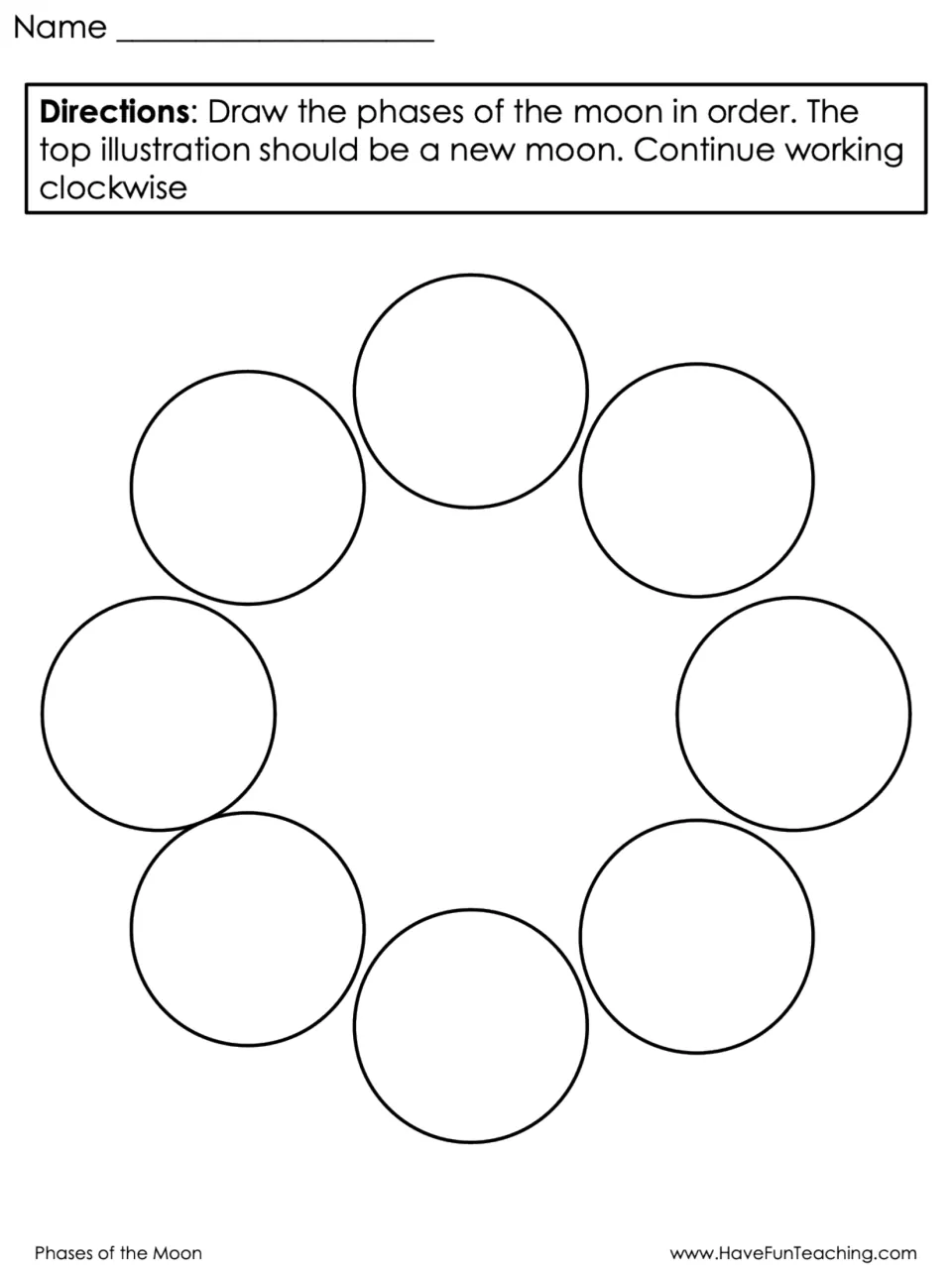 Moon cycle drawing: students sketch the eight phases in order clockwise around a ring, starting with a new moon at the top