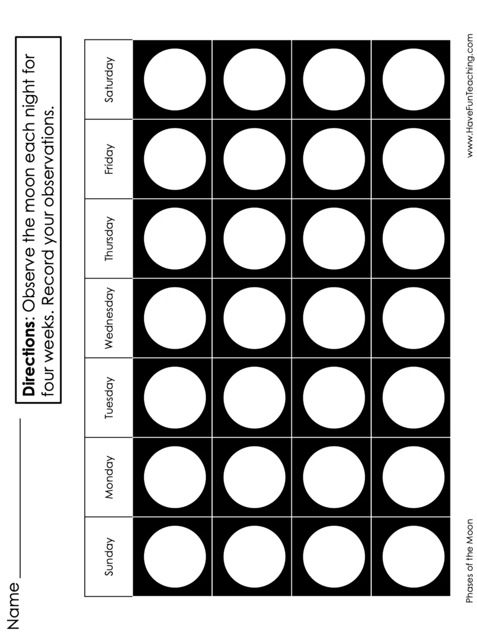 Moon observation calendar: students watch the moon each night for four weeks and shade its shape under Sunday to Saturday